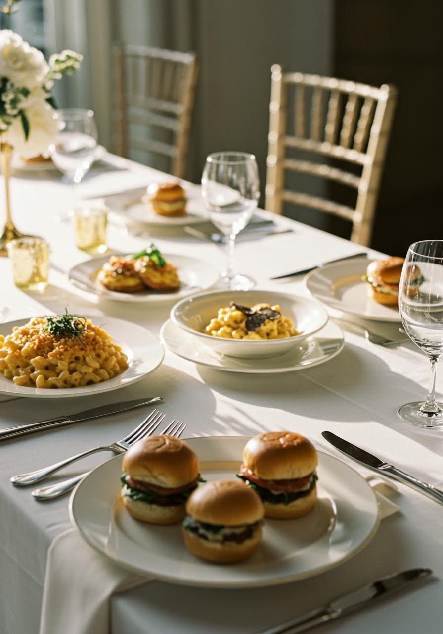 Refined comfort food including truffle mac and cheese and gourmet grilled cheese artfully presented on fine china