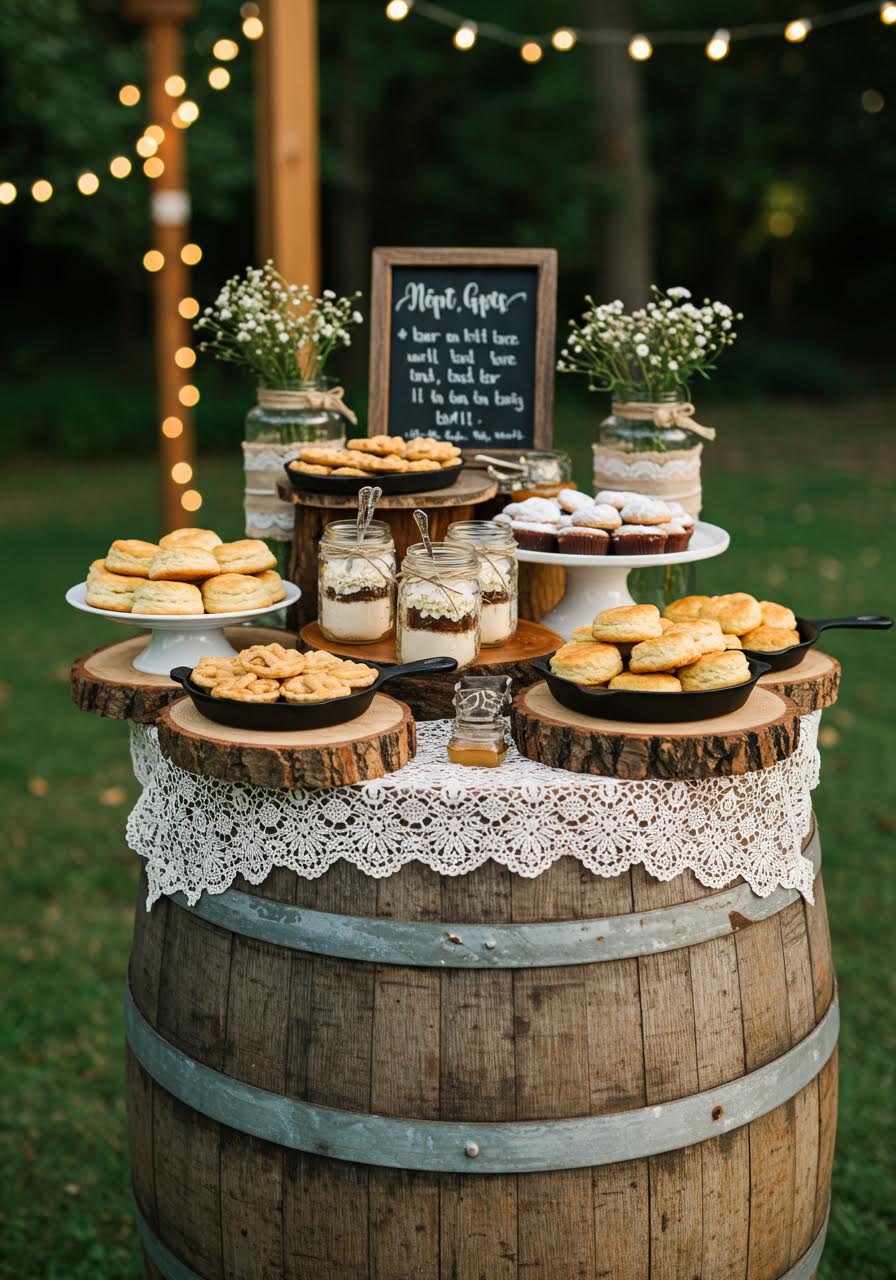 Weathered wine barrel topped with vintage lace serving mason jar parfaits and miniature pies in string-lit garden