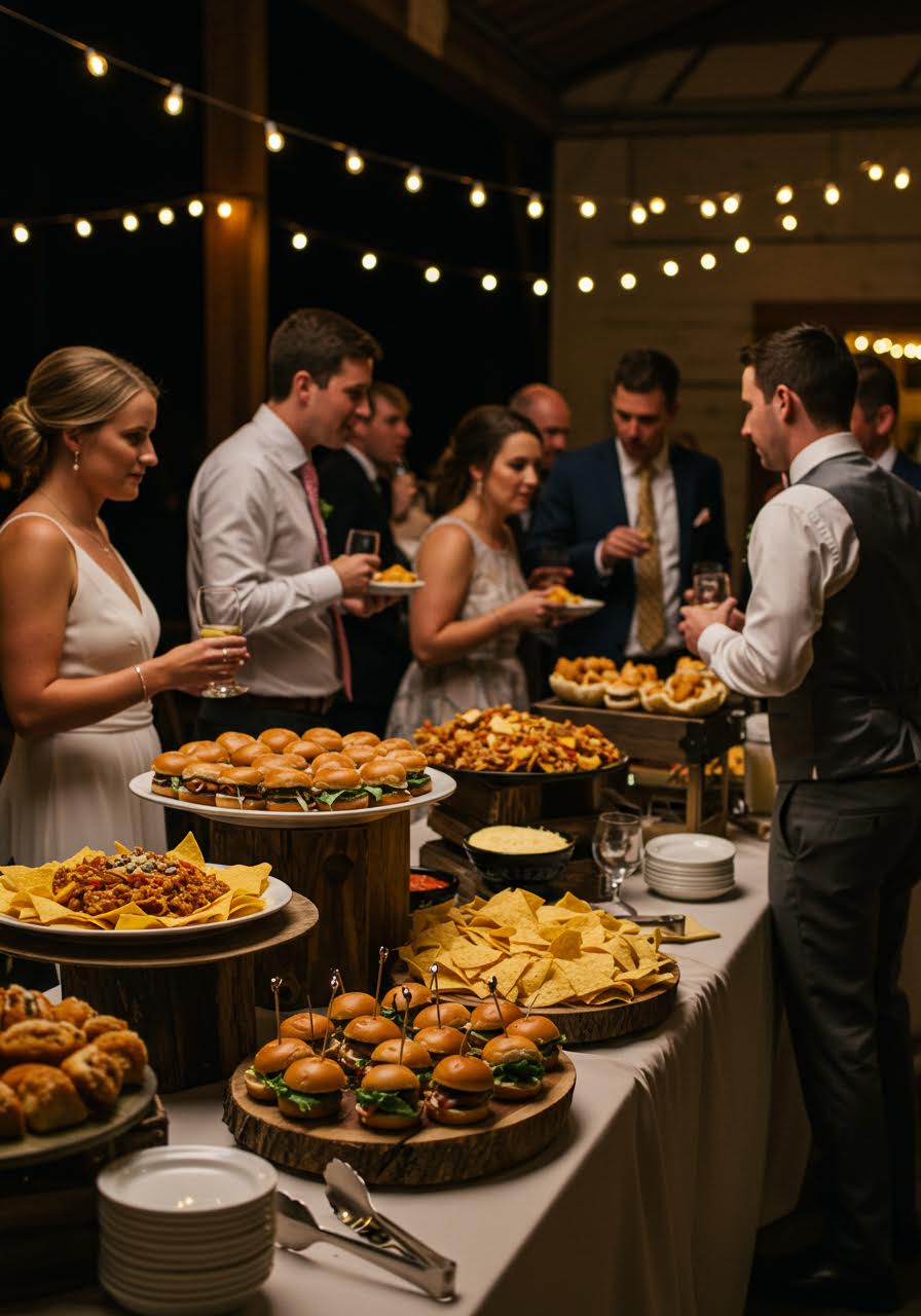 Elegantly styled late-night snack station with mini sliders and comfort foods in softly lit reception venue