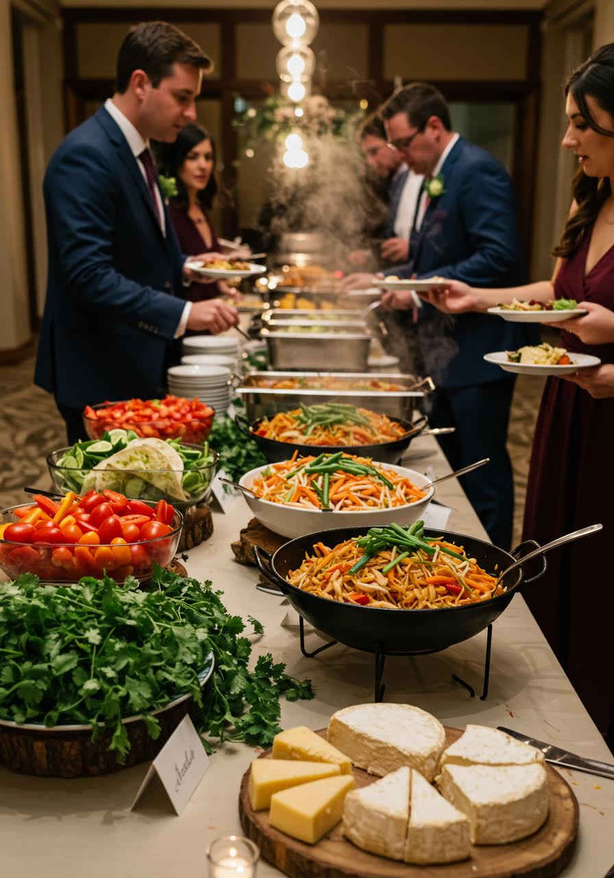Guests selecting from beautifully arranged international food stations featuring Mexican, Thai and French cuisine in elegant reception space