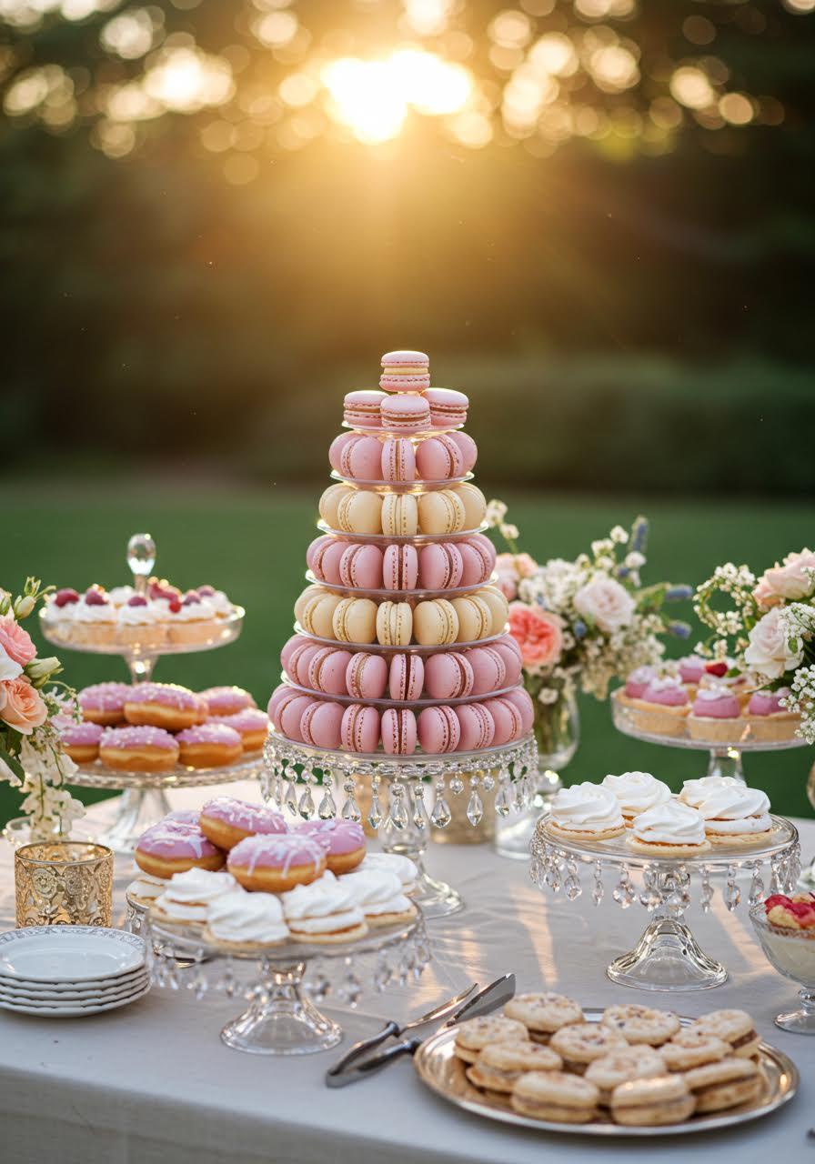 Dreamy dessert table featuring macaron tower, artisanal donuts and mini pavlovas on vintage glass stands in garden setting