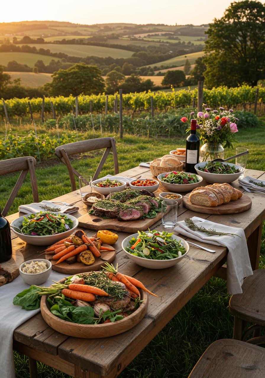 Rustic wooden table laden with locally-sourced dishes and herb-crusted meats in countryside setting during golden hour