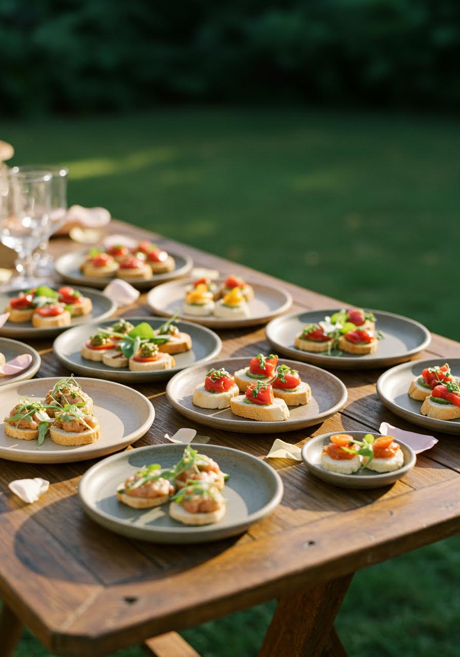 Artfully arranged gourmet appetisers on rustic wooden table in outdoor garden during magical golden hour