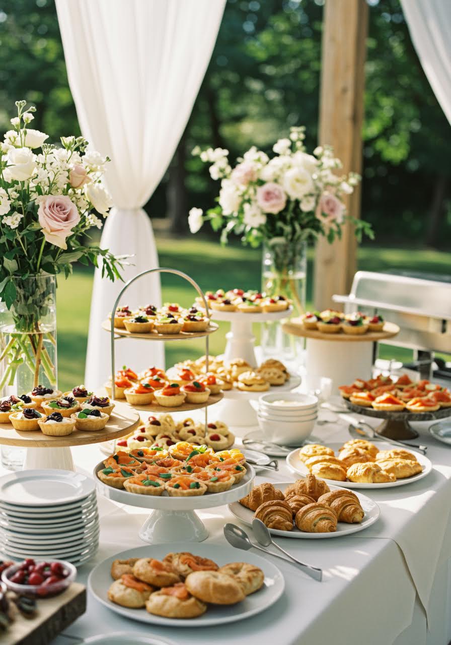 Sun-drenched brunch buffet in garden pavilion featuring fresh quiches, pastries and smoked salmon during late morning celebration