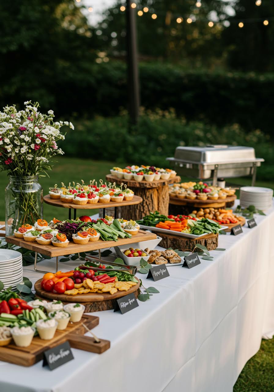 Beautifully arranged wedding buffet showcasing gluten-free, vegan and keto-friendly options in elegant garden reception