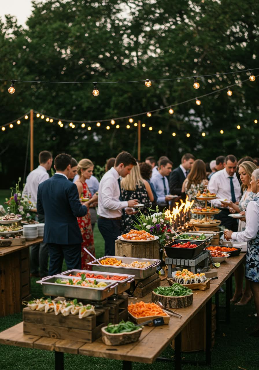 Wedding guests exploring multiple themed food stations including taco bar and sushi counter in elegant garden venue during golden hour