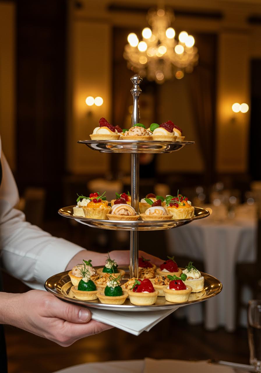 Elegant tiered silver stands showcasing gourmet mini bites including delicate quiches and stuffed mushrooms at sophisticated wedding venue