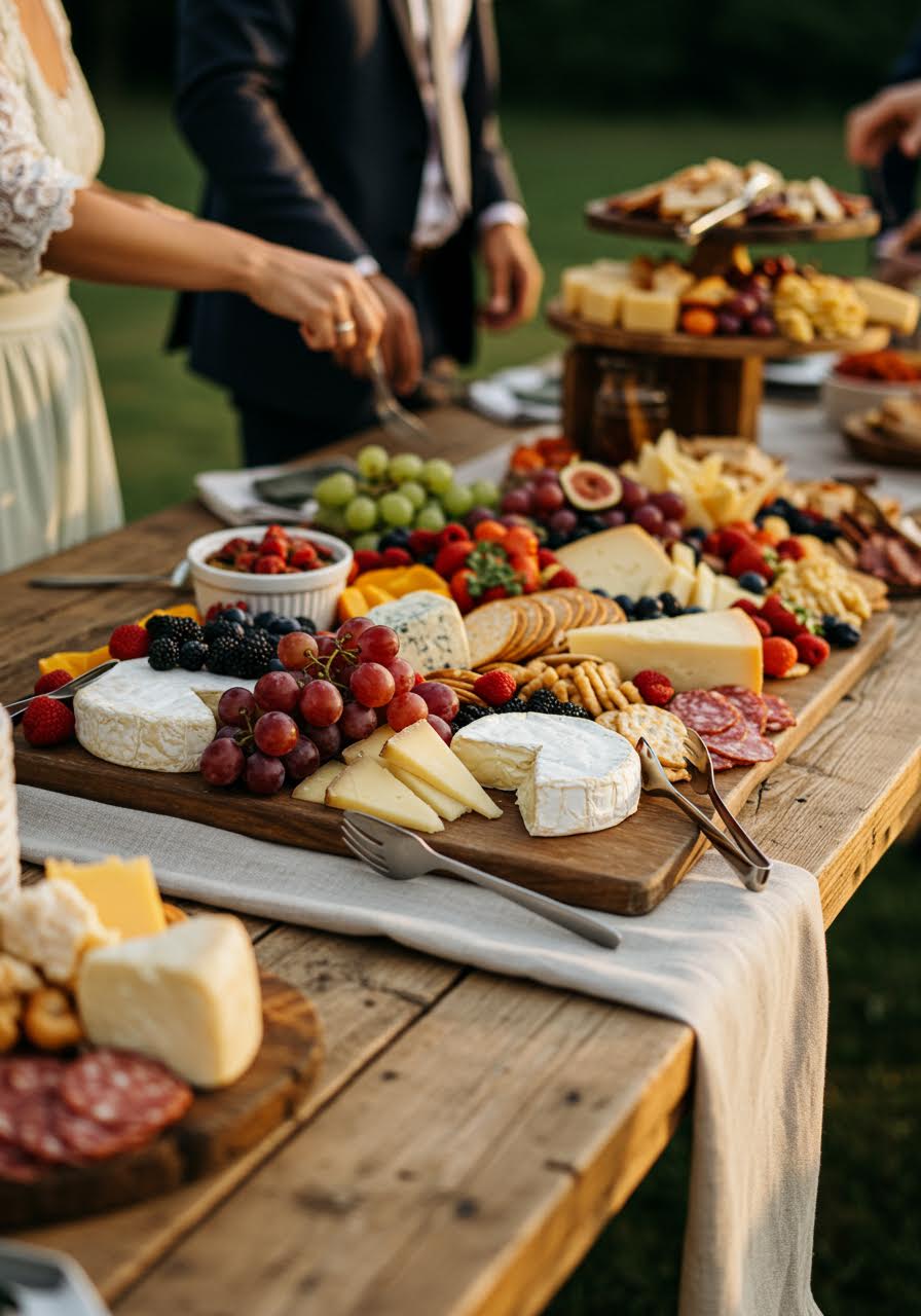 Artfully arranged grazing board with local cheeses, charcuterie and fresh seasonal fruits on rustic timber during golden hour