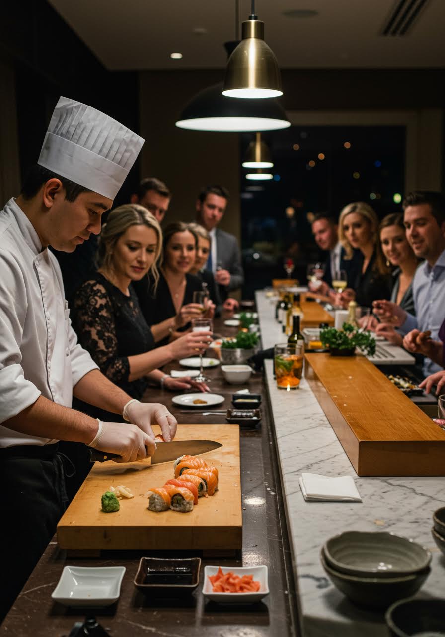 Master sushi chef creating fresh rolls at elegant wooden counter while wedding guests watch the artistry unfold during evening reception