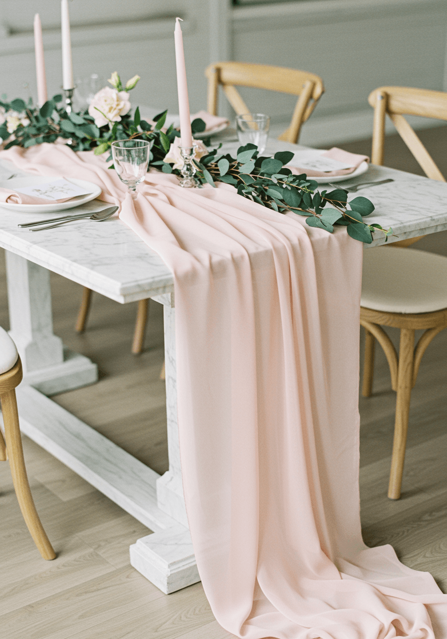 Blush pink silk table runner cascading elegantly across white marble wedding table