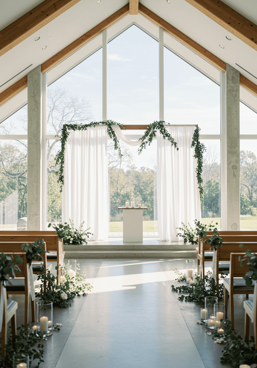 Minimalist wedding altar with clean geometric lines and white fabric in modern chapel