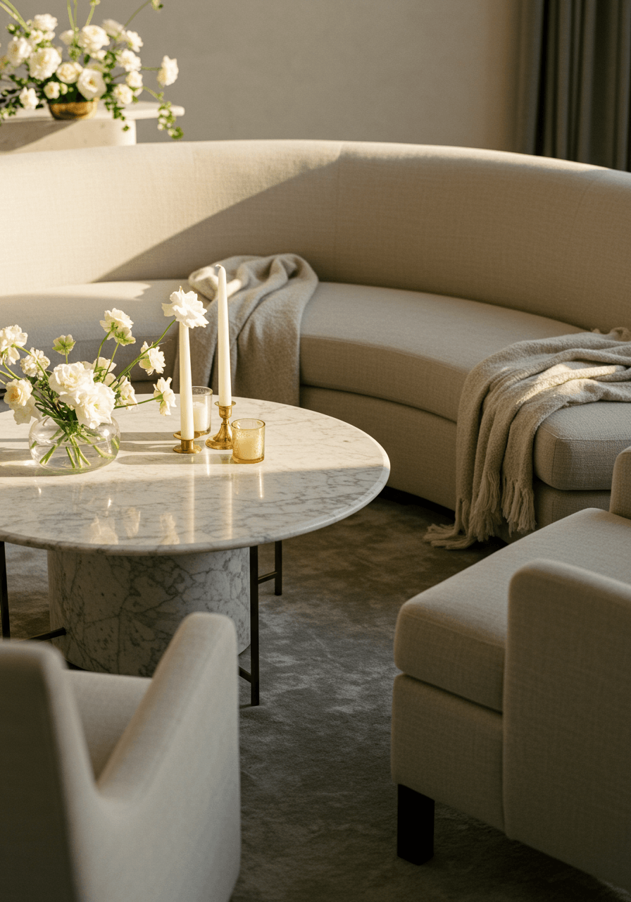 Detail focus on marble coffee table with white floral arrangements and cashmere throws