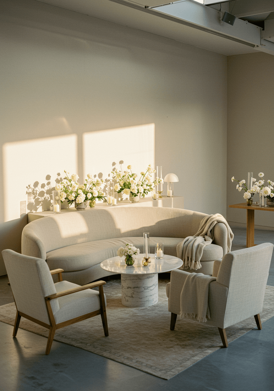 Curved beige linen sofa arrangement around marble coffee table in minimalist wedding lounge