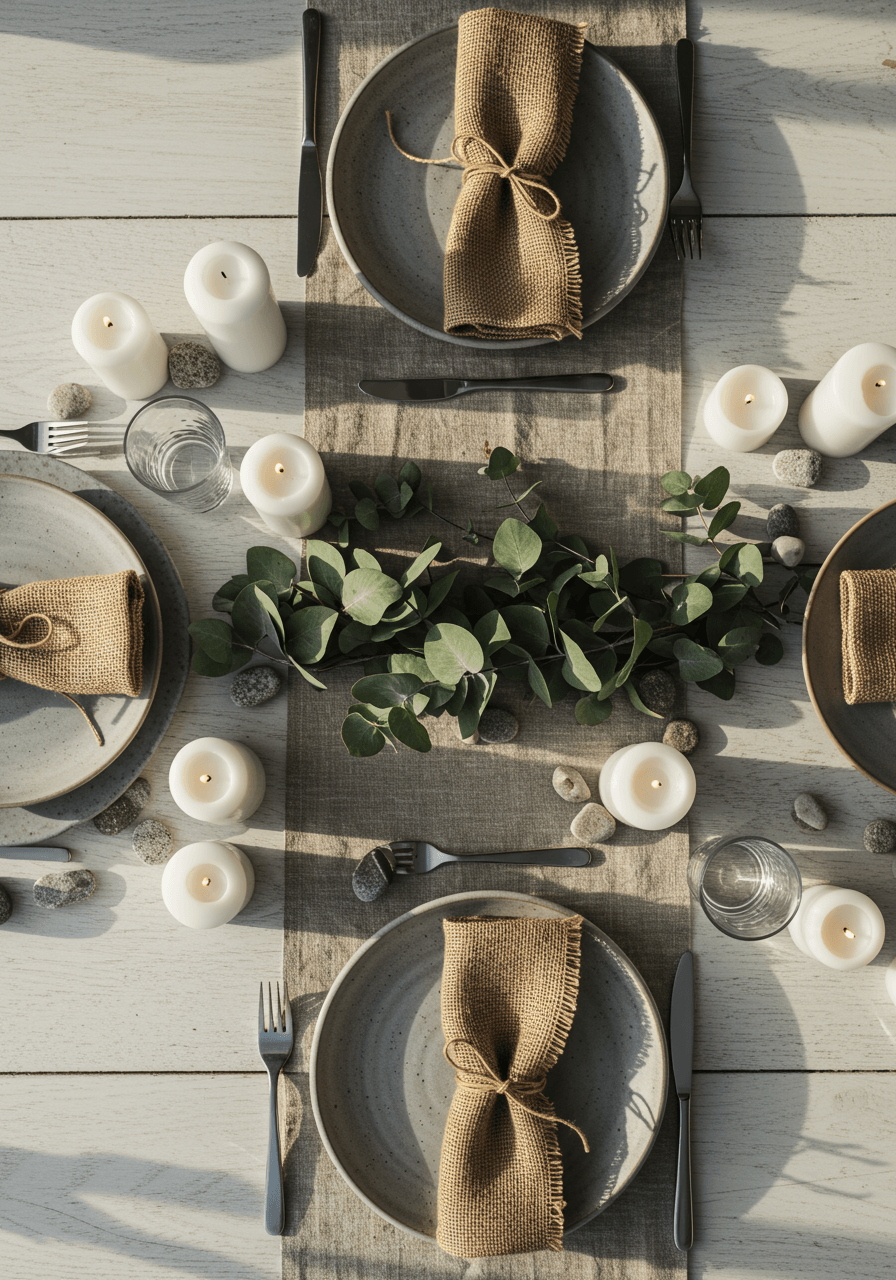 Overhead view of Nordic place settings with handcrafted stoneware and burlap napkins on whitewashed wood