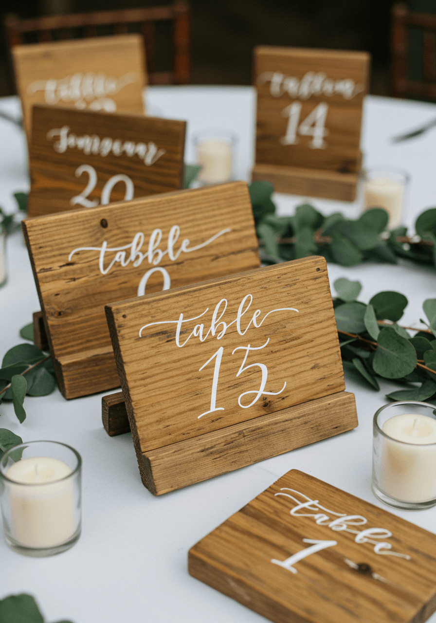 Handcrafted wooden wedding signage and table numbers made from reclaimed pine with white calligraphy