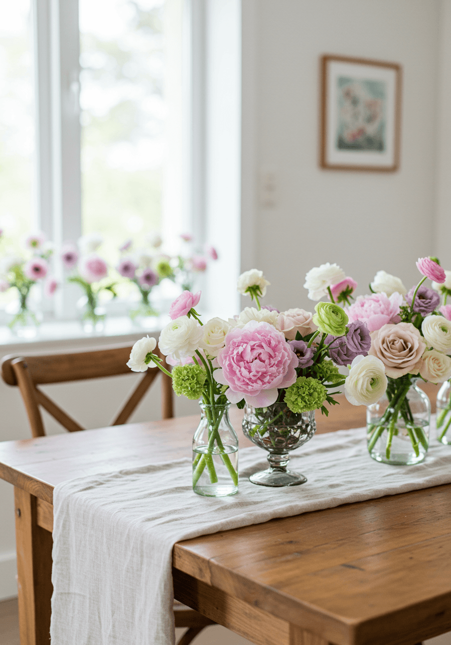 Soft pink peonies and lavender roses arranged in rustic Nordic centerpiece on wooden farm table