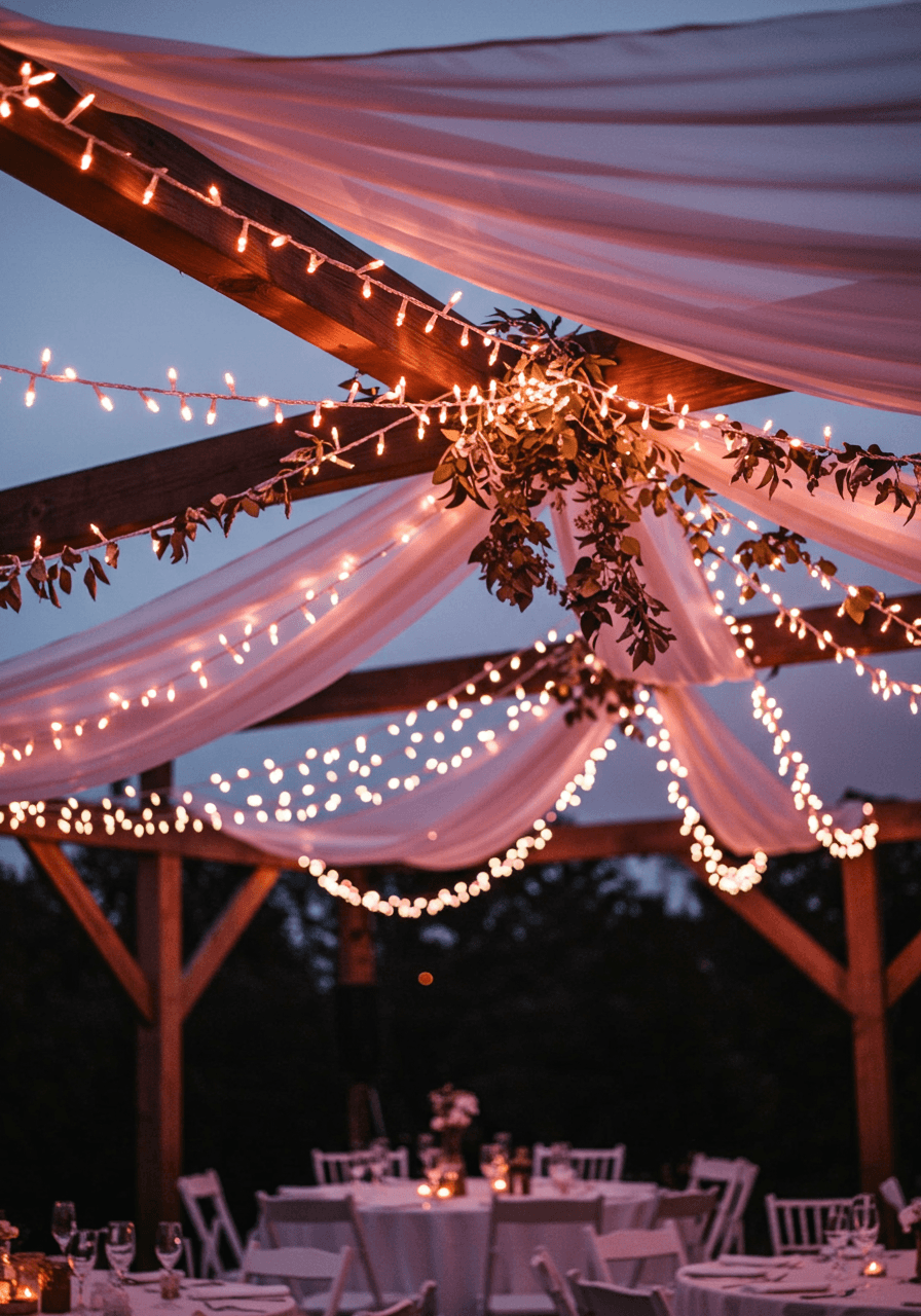 Delicate pale pink string lights creating romantic canopy effect over outdoor wedding reception
