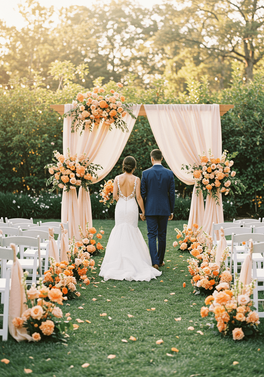Bride and groom walking down wedding aisle lined with soft peach floral arrangements
