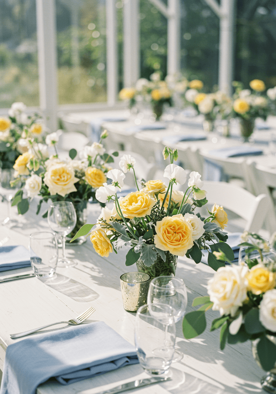 Detailed view of dusty miller and sweet pea arrangements on Nordic wedding table