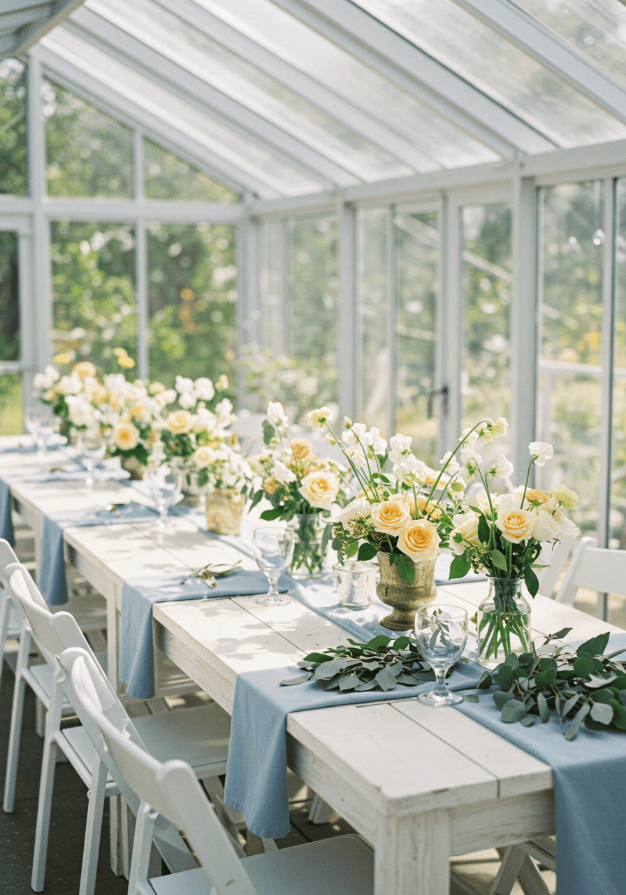 Long whitewashed table with low pastel floral arrangements in minimalist Scandinavian greenhouse