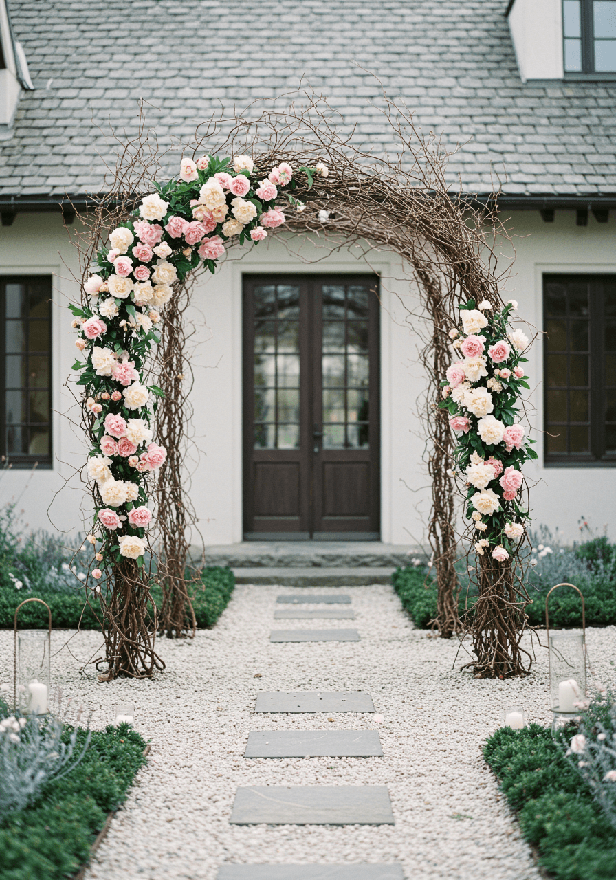 Delicate branch wedding arch adorned with soft pink and cream peonies in Scandinavian garden