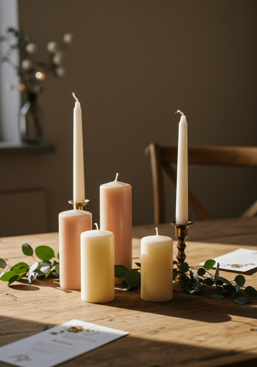 Varying height pillar candles in blush and cream tones on rustic wooden ceremony table