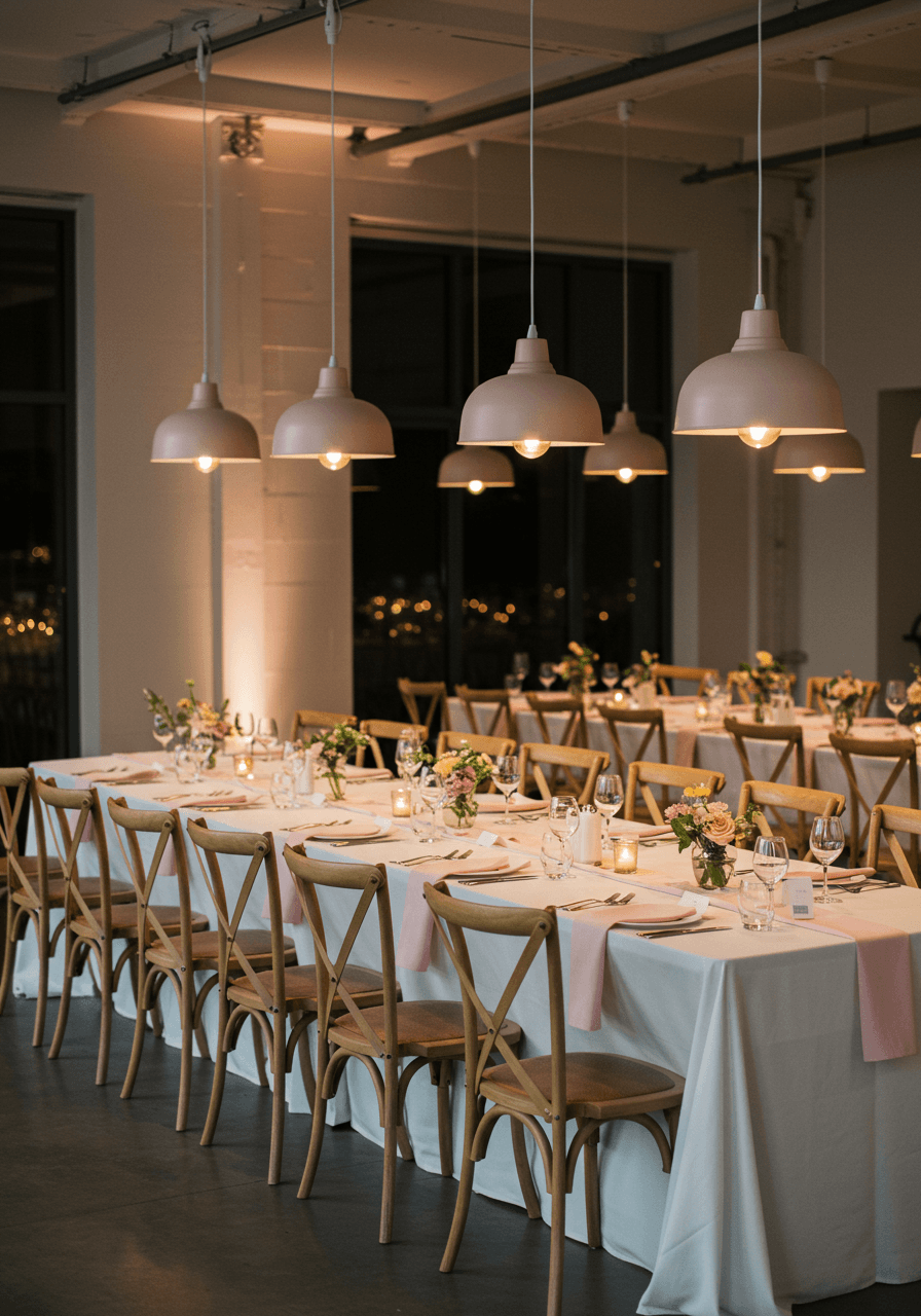 Pale pink pendant lights hanging over minimalist Scandinavian wedding reception tables