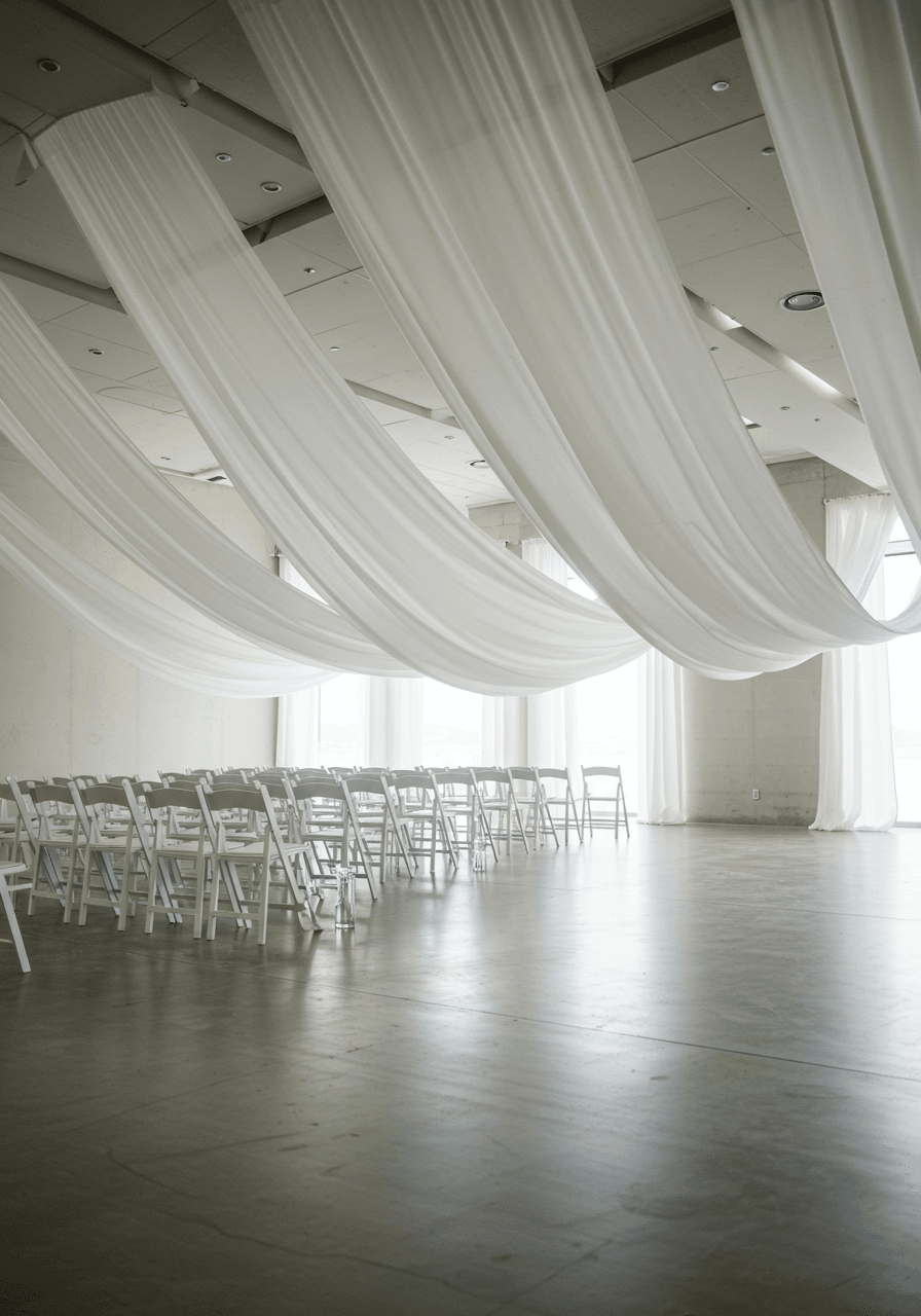 Asymmetrical white silk fabric dramatically draped creating flowing curves in modern minimalist ceremony space