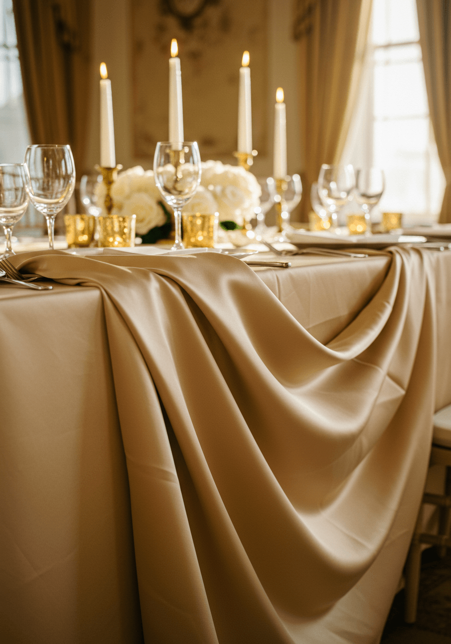 Close-up of billowing champagne silk fabric draped across elegant reception table with crystal glassware
