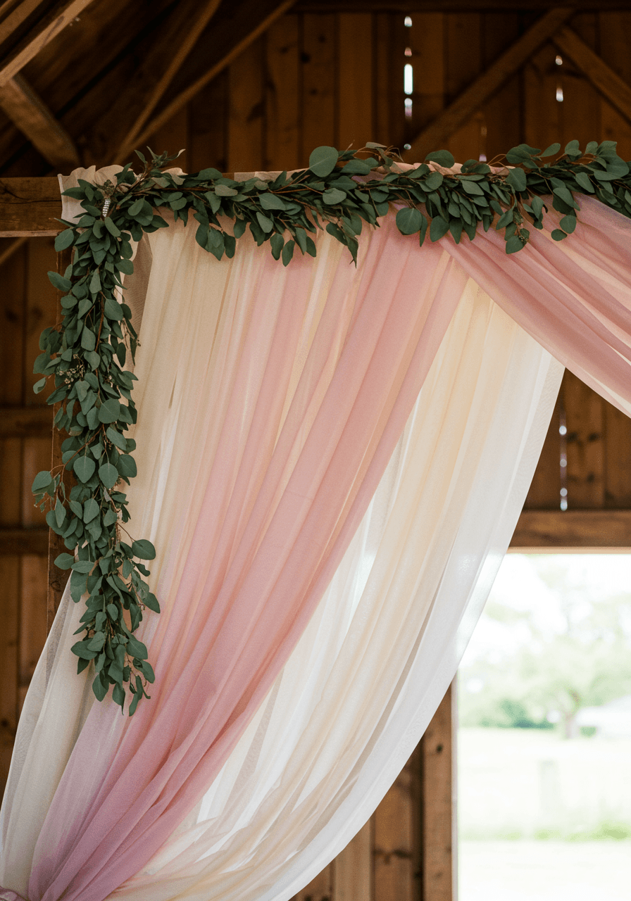Yards of blush pink and champagne tulle cascading from floral arch in rustic barn ceremony