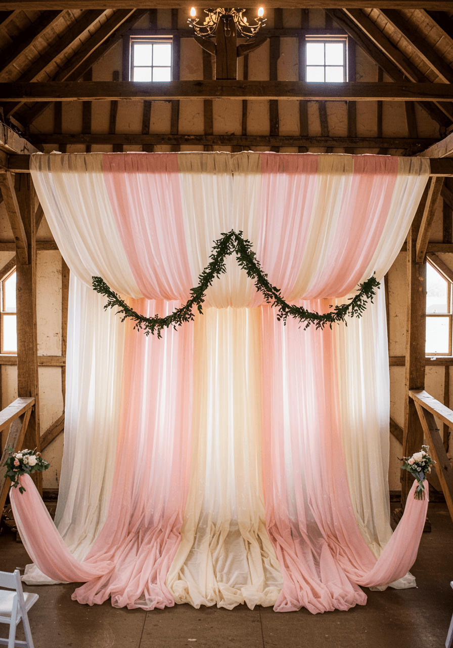 Aerial view of tulle archway with eucalyptus garland accents and pearl pin details