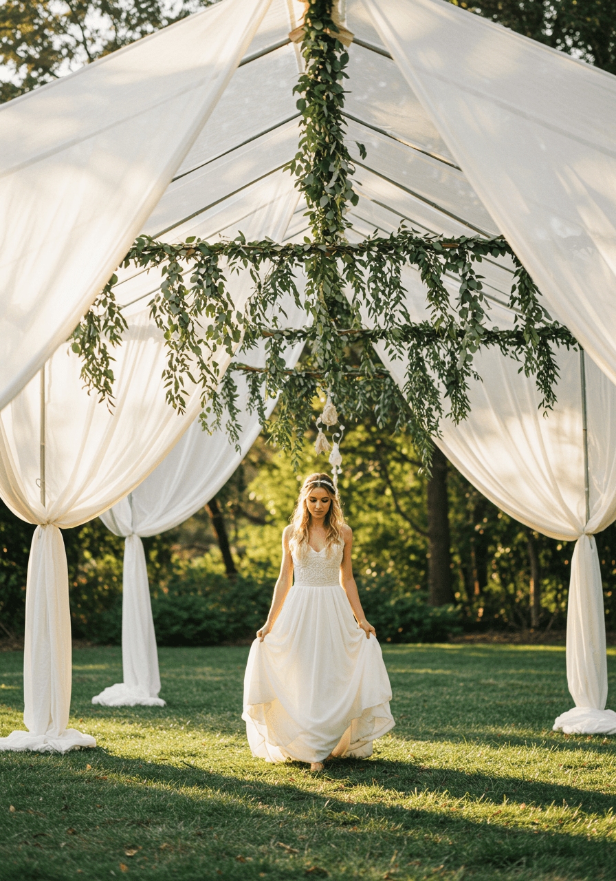 Bohemian bride in flowing dress walking beneath gauze tent with eucalyptus garlands in garden venue