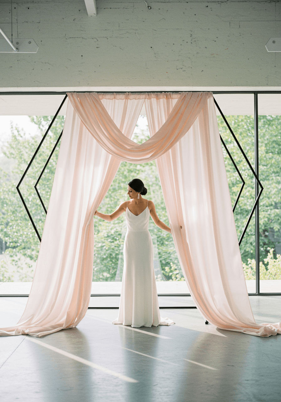 Bride adjusting asymmetrical blush pink silk draping cascading from geometric metal arch in minimalist space