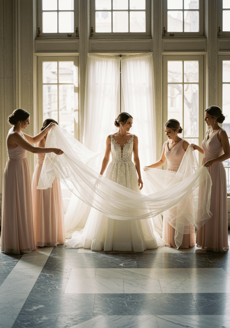 Bridal party of four bridesmaids and bride arranging sheer voile panels in elegant indoor venue with tall windows
