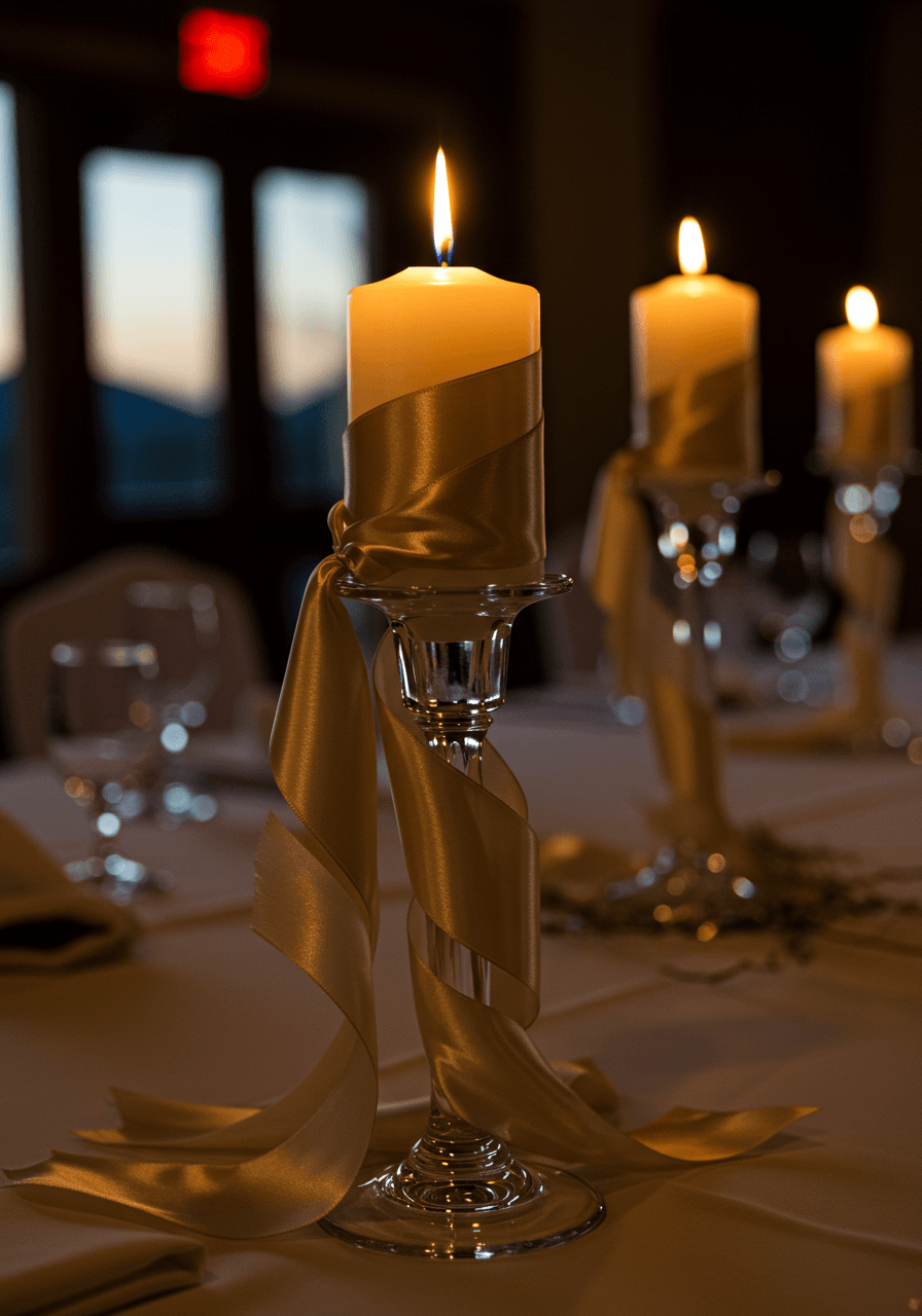 Wide angle view of champagne ribbon and candle arrangement on reception table during twilight