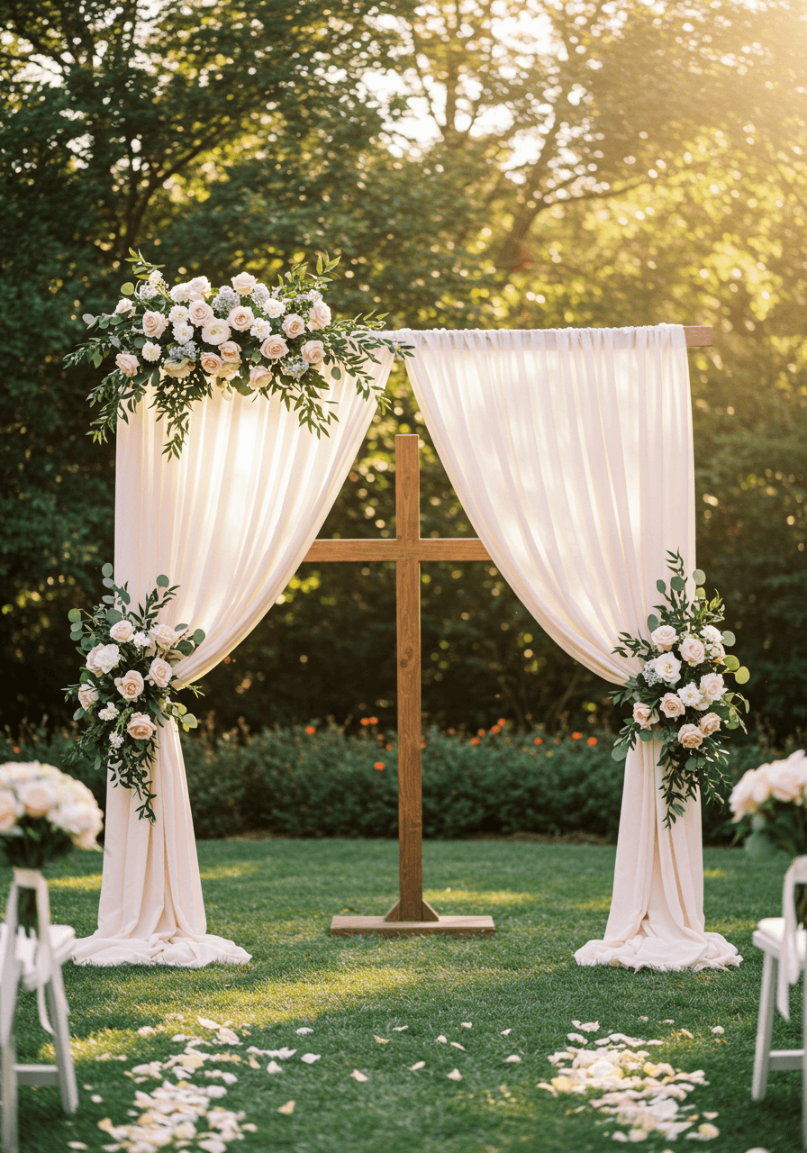 Flowing chiffon altar backdrop in ivory and blush tones behind wooden cross in garden ceremony