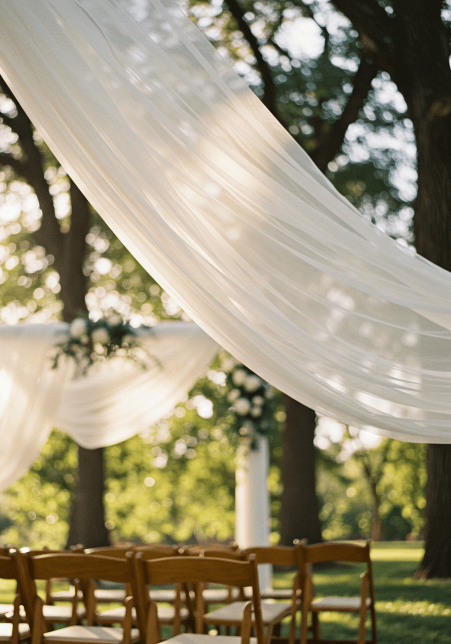 Detail shot of chiffon fabric texture and draping technique in tree canopy installation