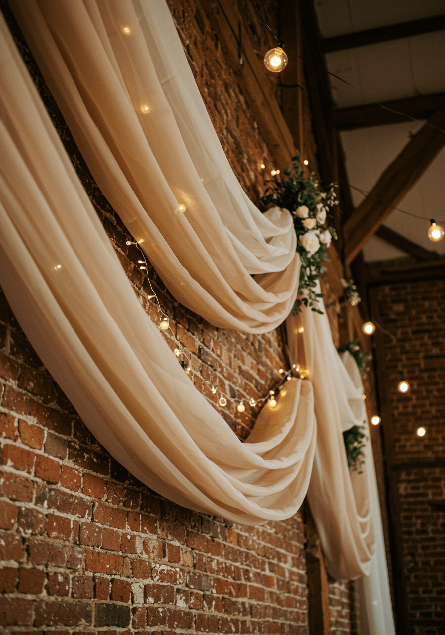 Layers of gathered organza fabric in ivory and champagne draped across rustic brick wall in barn venue
