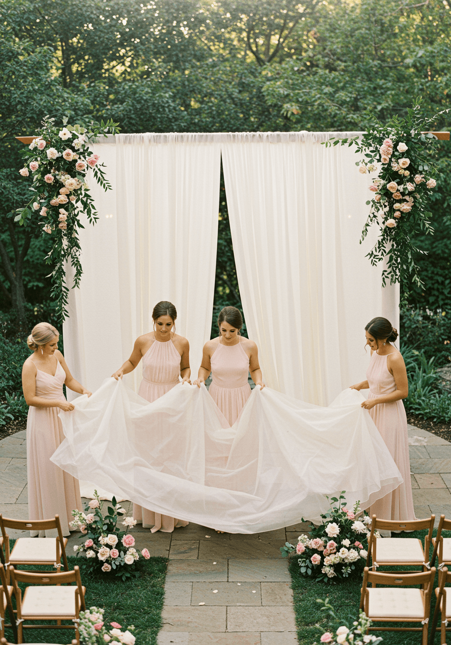High angle view of bridesmaids collaborating on voile panel arrangement in garden pavilion