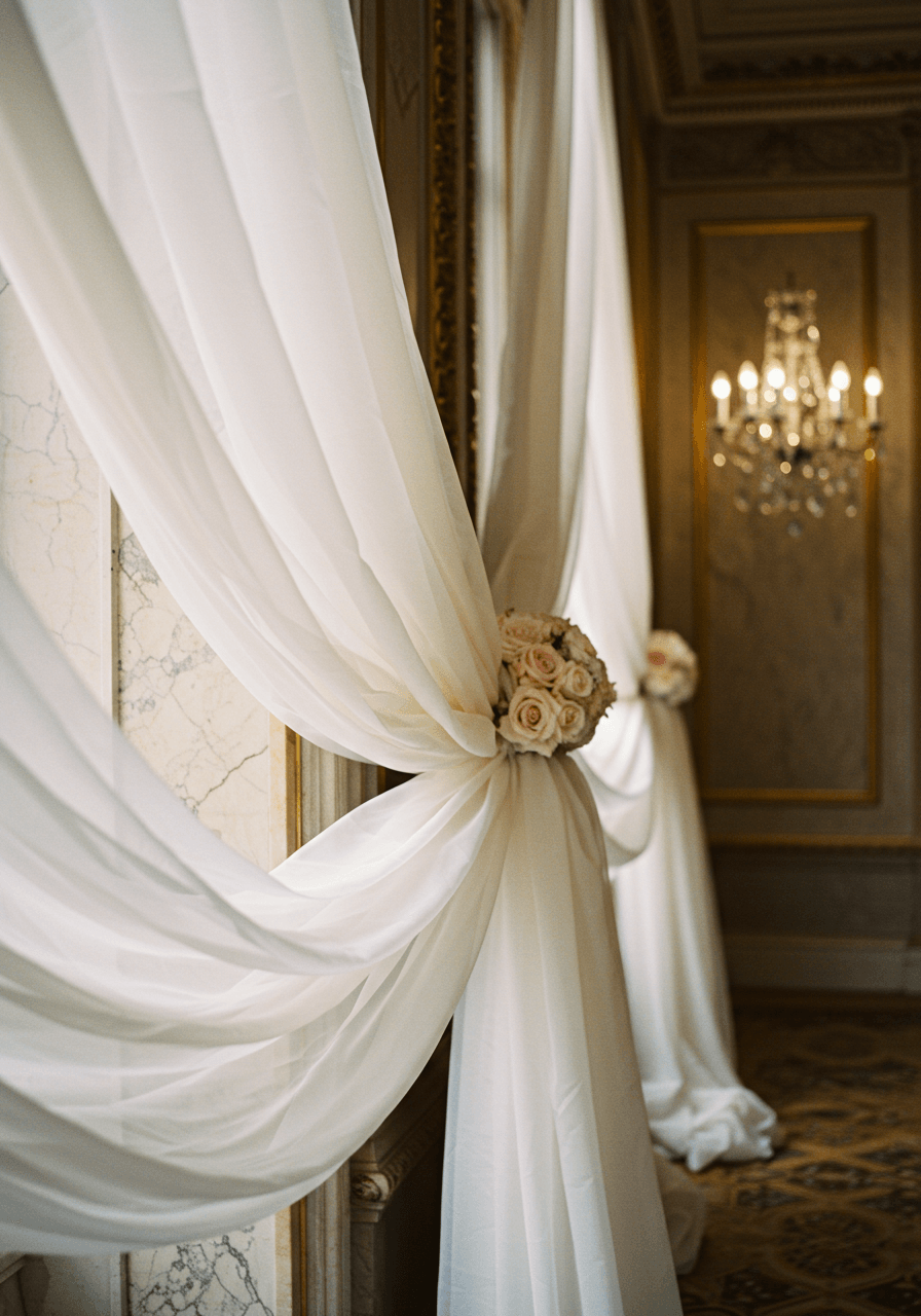 Close-up detail of elegant gathered organza fabric draped along ornate wedding venue wall