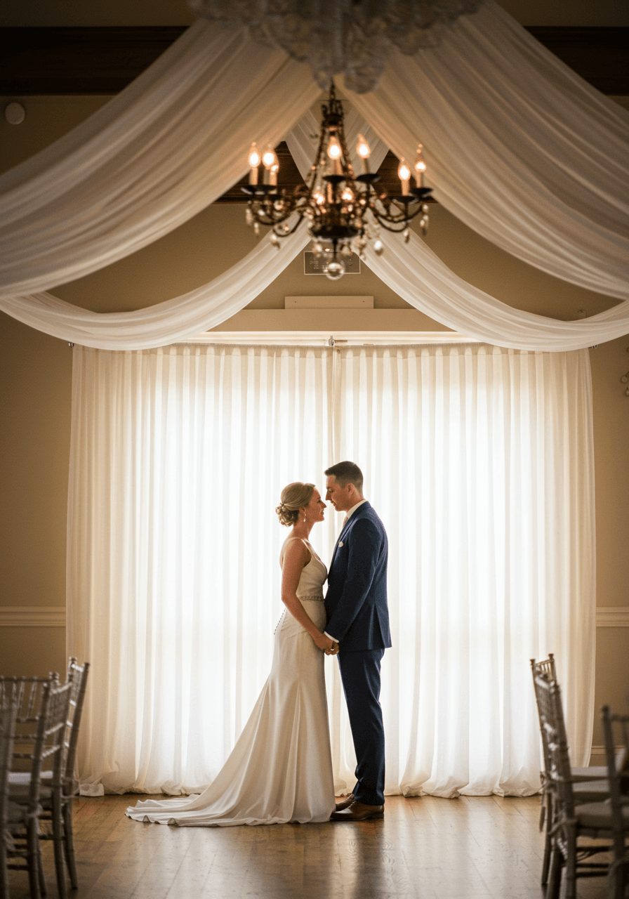 Full shot of bride and groom taking wedding photos in front of elegant pleated fabric backdrop