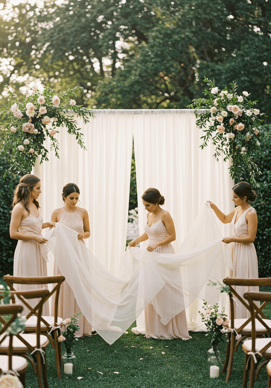 Three bridesmaids in pastel dresses arranging layered voile panels behind outdoor ceremony seating