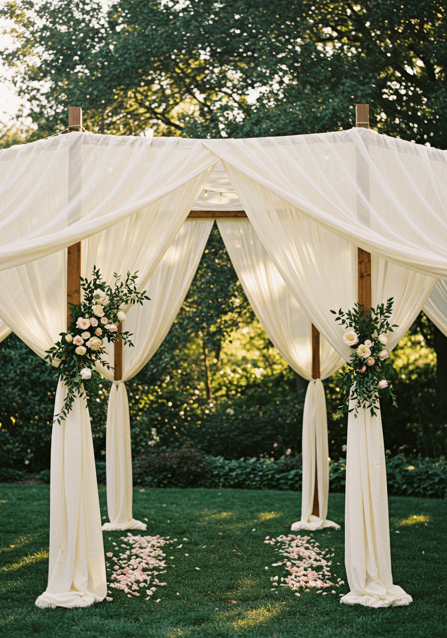 Wide shot of draped gauze tent with flowing white fabric cascading from wooden posts in garden setting