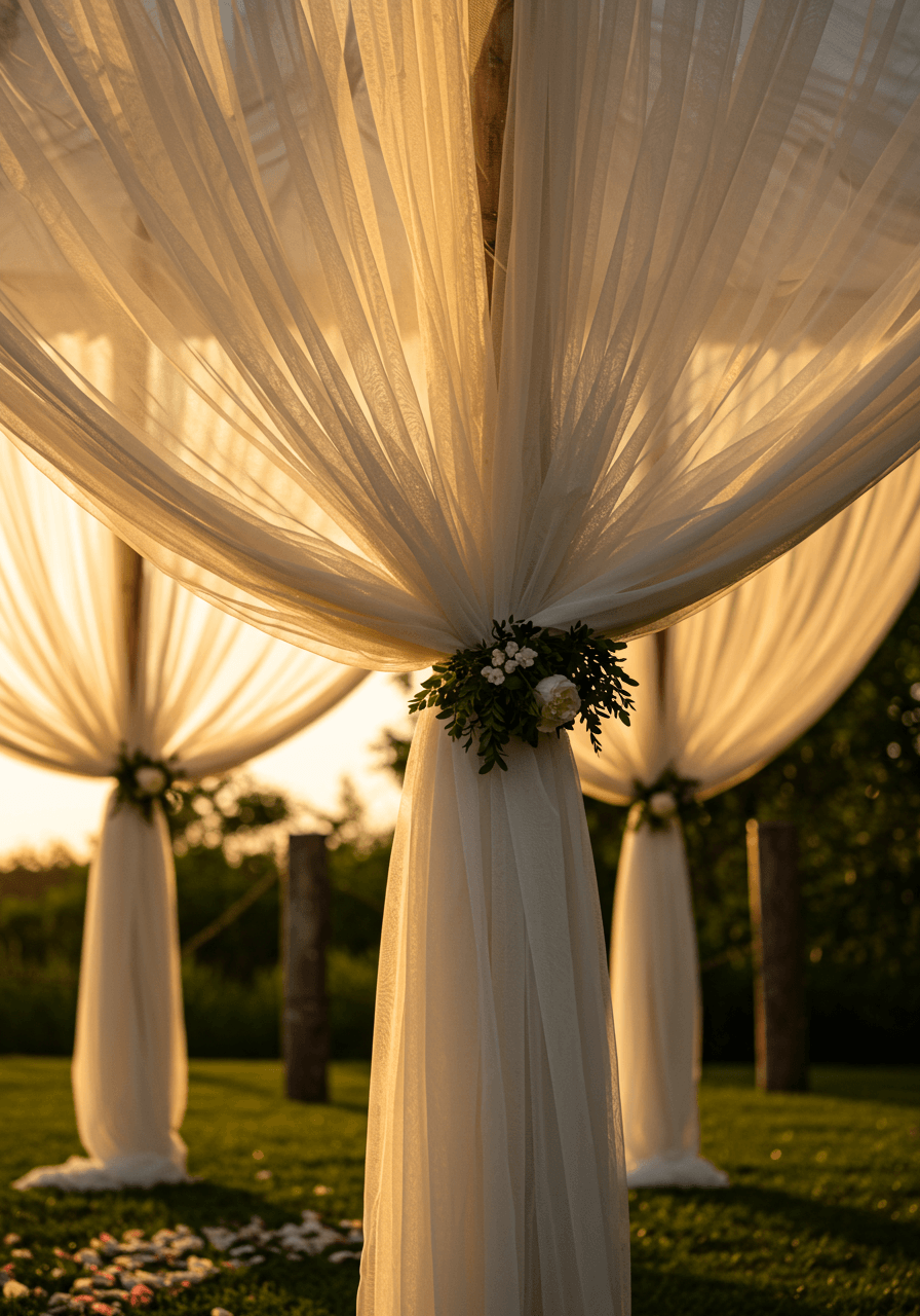 Macro detail shot of gauze fabric texture and draping technique in garden tent installation