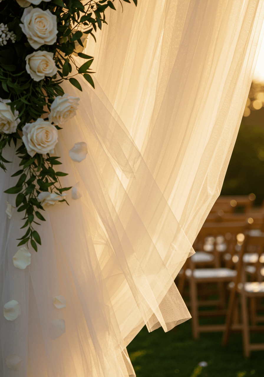Close-up detail of tulle draping technique with white roses woven through fabric