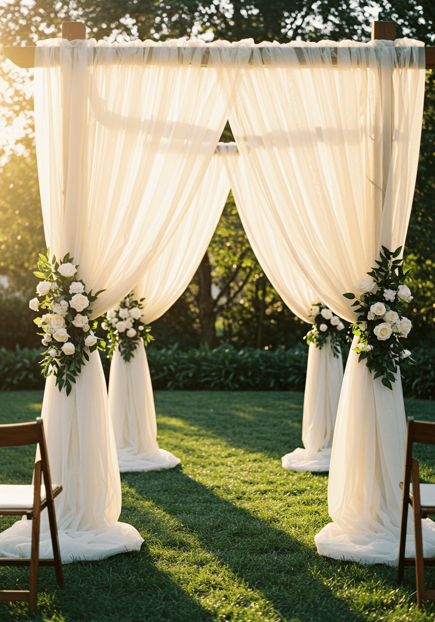 Flowing tulle archway framing outdoor garden ceremony altar during golden hour