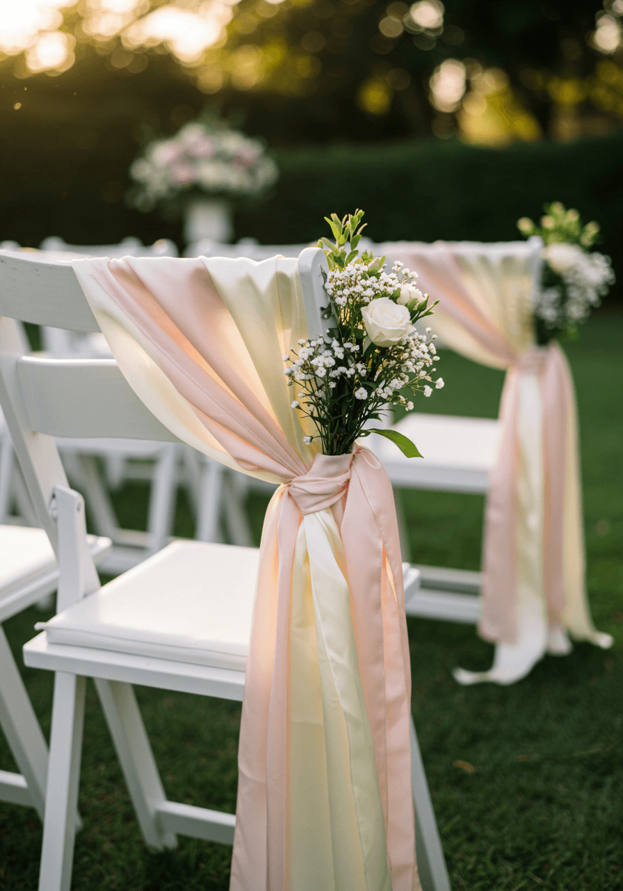 Twisted satin ribbon in ivory and blush pink elegantly draped across wooden ceremony chairs in garden setting