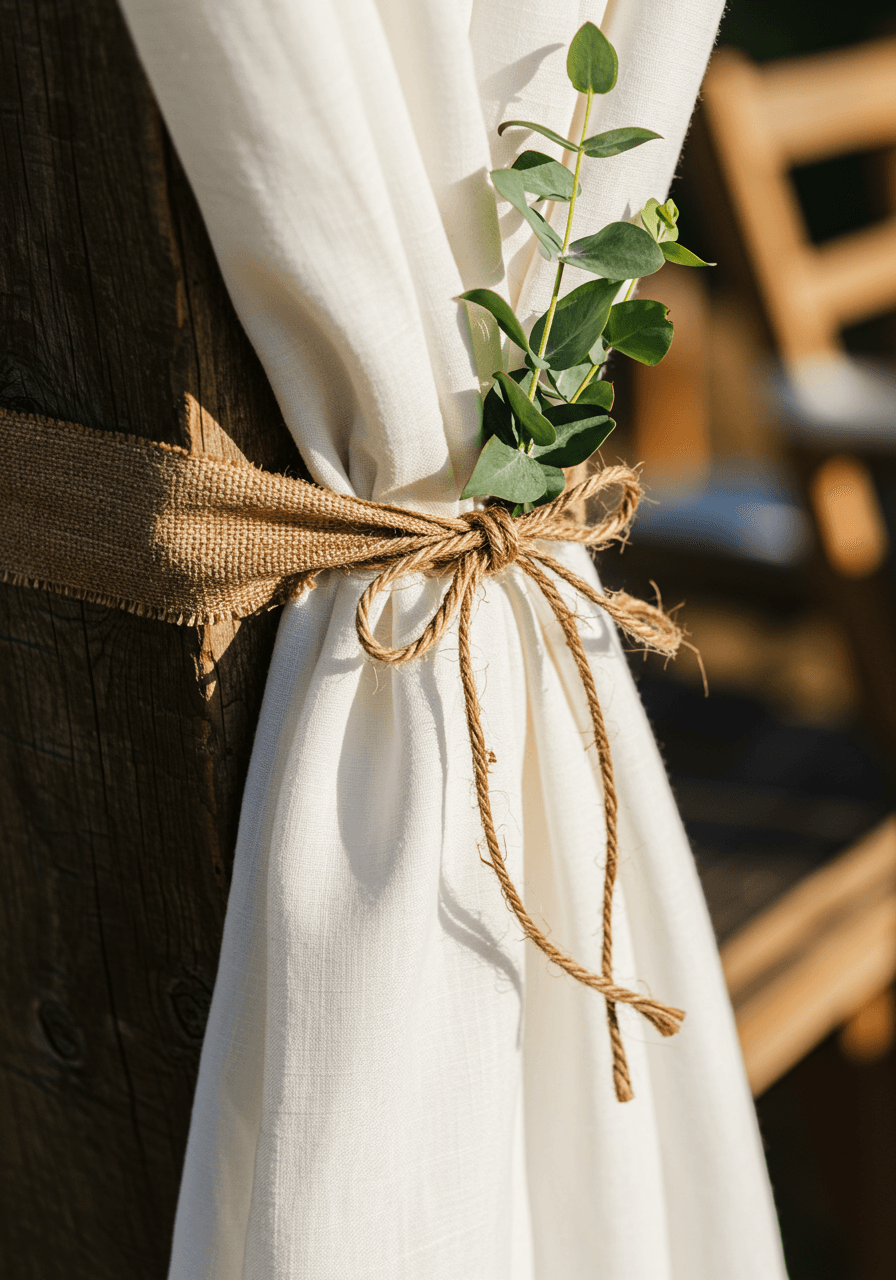 Close-up detail of white linen swag tied with natural jute rope around reclaimed wood post