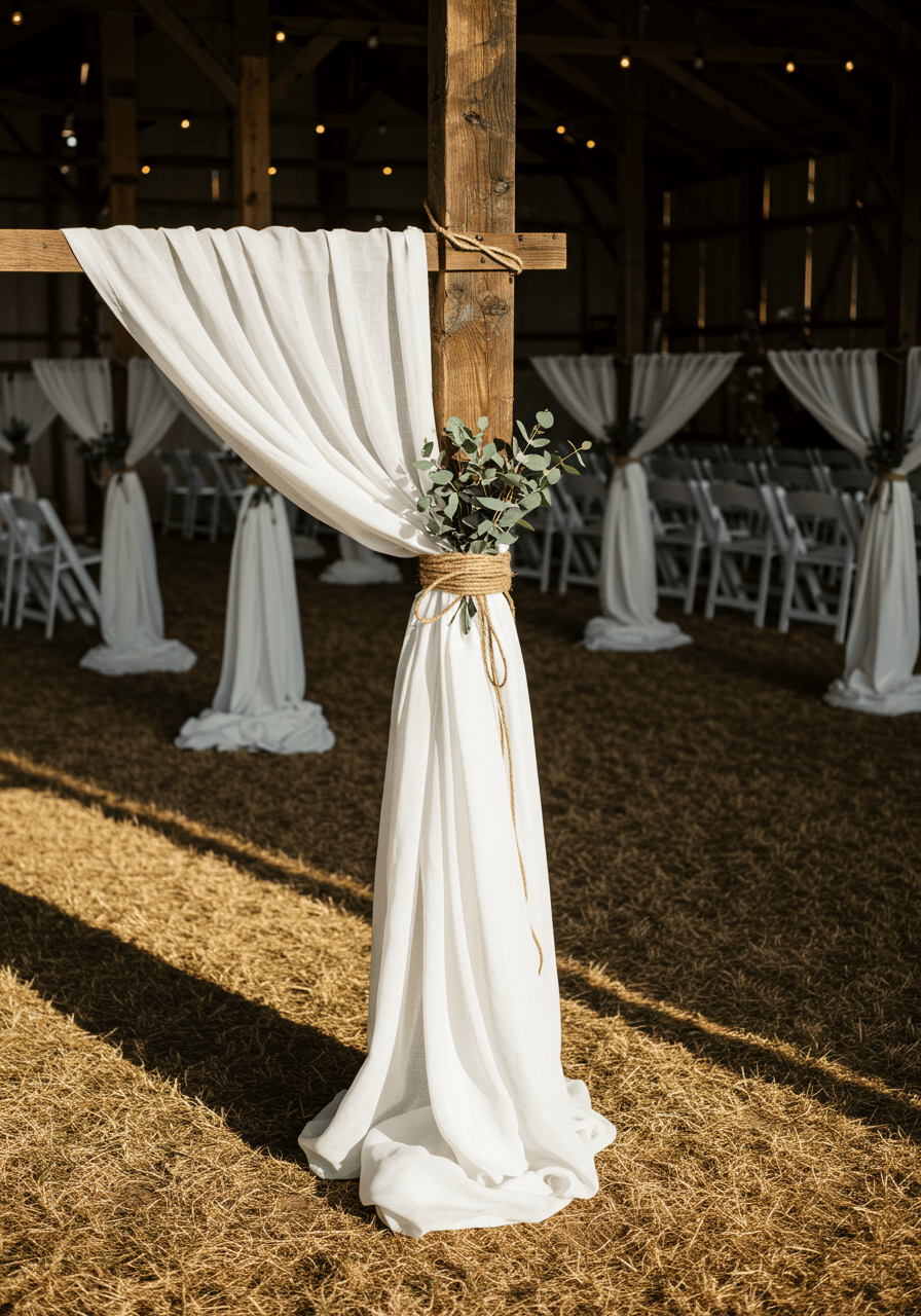 Wide angle view of linen and jute rope detail against weathered barn wood backdrop