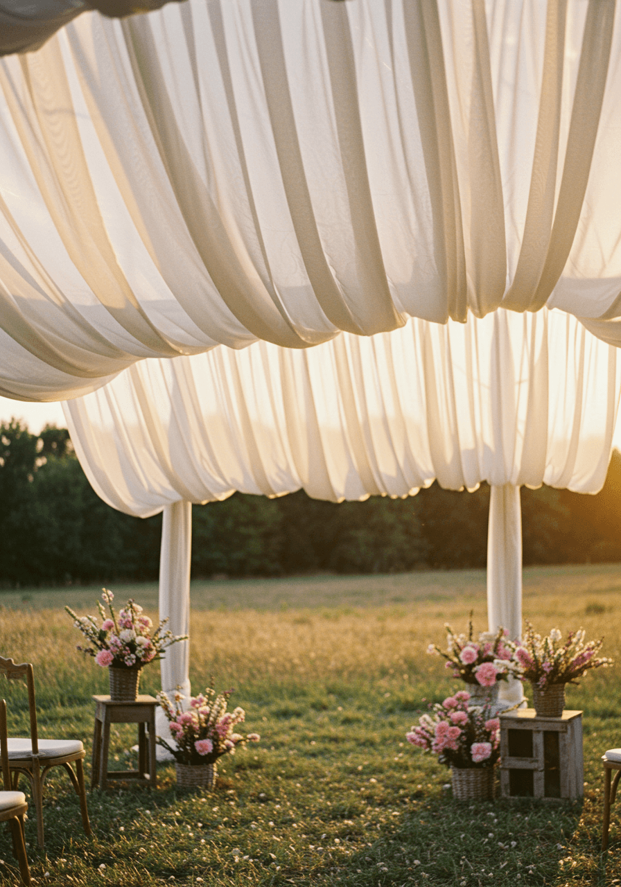Medium shot of billowing tulle and organza canopy suspended over outdoor meadow altar setup